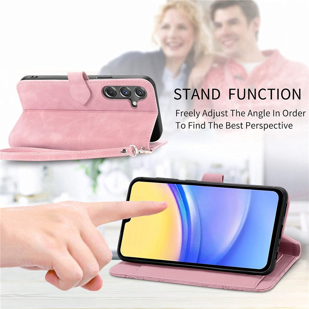 For Samsung Galaxy A15 4G / 5G Zipper Wallet Case with Strap Flower Imprint PU Leather Phone Cover