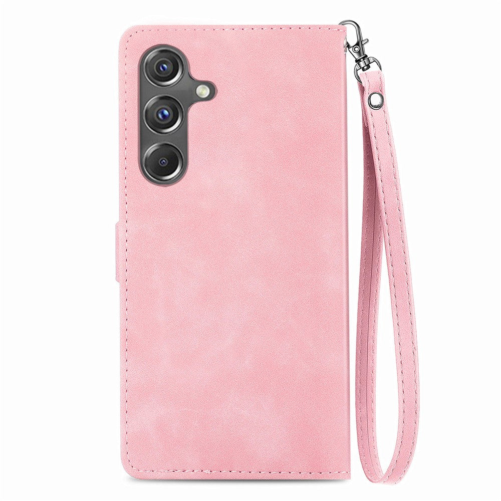For Samsung Galaxy A15 4G / 5G Zipper Wallet Case with Strap Flower Imprint PU Leather Phone Cover