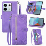 For Xiaomi Redmi Note 13 Pro 5G / Poco X6 5G Zipper Wallet Case with Strap Flower Imprint PU Leather Phone Cover