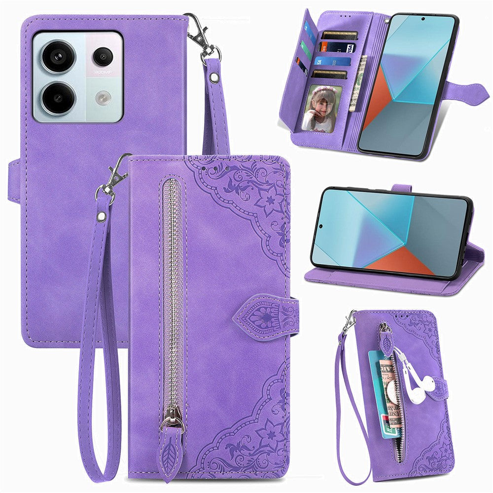 For Xiaomi Redmi Note 13 Pro 5G / Poco X6 5G Zipper Wallet Case with Strap Flower Imprint PU Leather Phone Cover