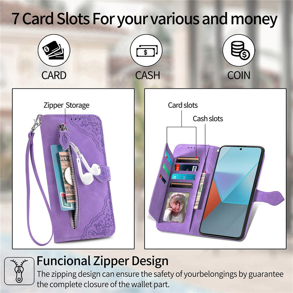 For Xiaomi Redmi Note 13 Pro 5G / Poco X6 5G Zipper Wallet Case with Strap Flower Imprint PU Leather Phone Cover