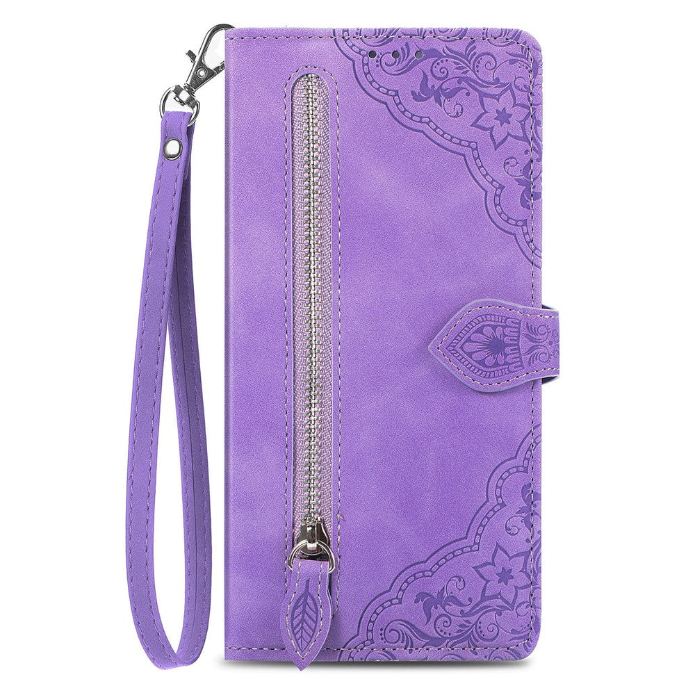 For Xiaomi Redmi Note 13 Pro 5G / Poco X6 5G Zipper Wallet Case with Strap Flower Imprint PU Leather Phone Cover