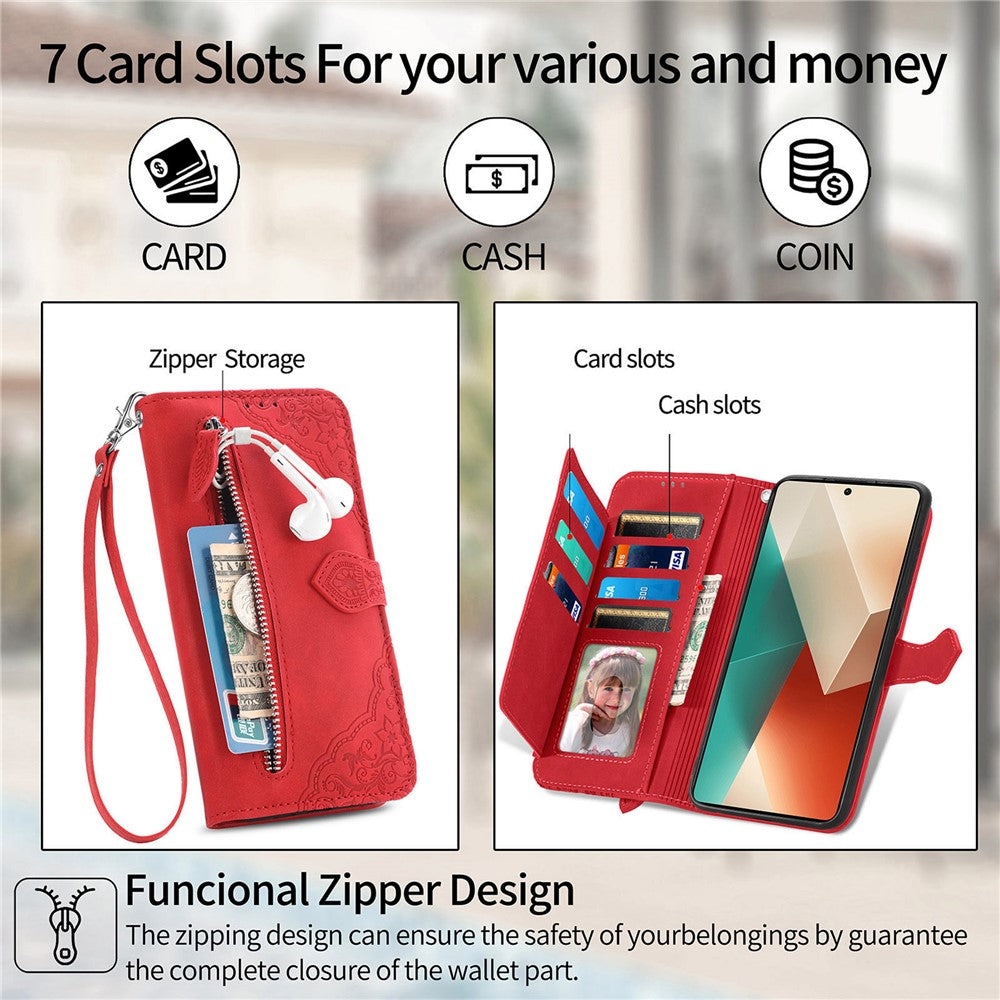 For Xiaomi Redmi Note 13 4G Zipper Wallet Case with Strap Flower Imprint PU Leather Phone Cover