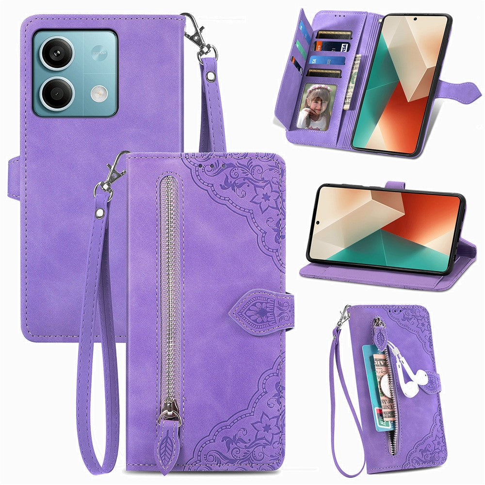 For Xiaomi Redmi Note 13 4G Zipper Wallet Case with Strap Flower Imprint PU Leather Phone Cover