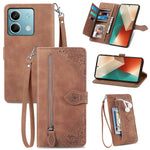For Xiaomi Redmi Note 13 4G Zipper Wallet Case with Strap Flower Imprint PU Leather Phone Cover