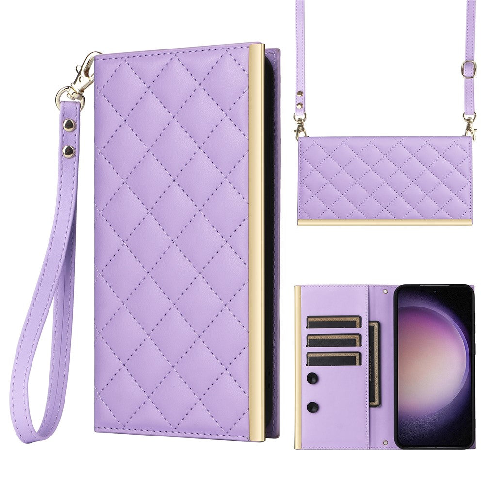 For Samsung Galaxy S23 Leather Case Suction Cup Wallet Flip Phone Cover with Shoulder Strap