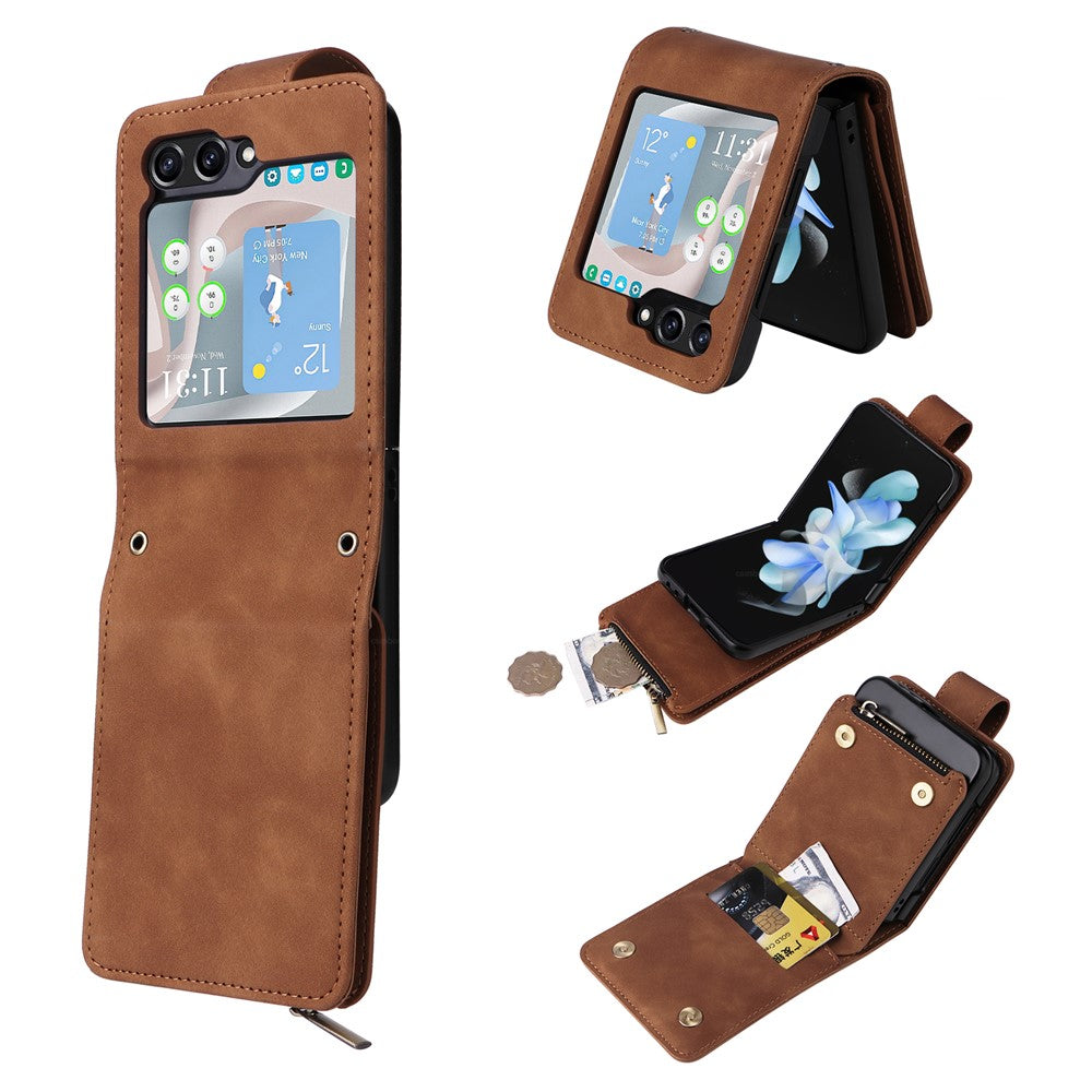 For Samsung Galaxy Z Flip5 5G Case Zipper Multi-Pocket Wallet Leather Phone Cover with Shoulder and Wrist Straps