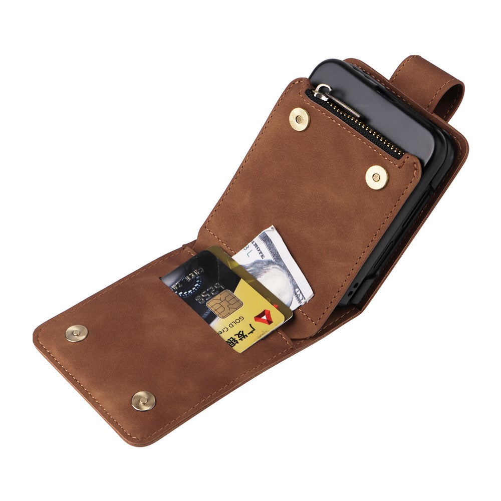 For Samsung Galaxy Z Flip5 5G Case Zipper Multi-Pocket Wallet Leather Phone Cover with Shoulder and Wrist Straps