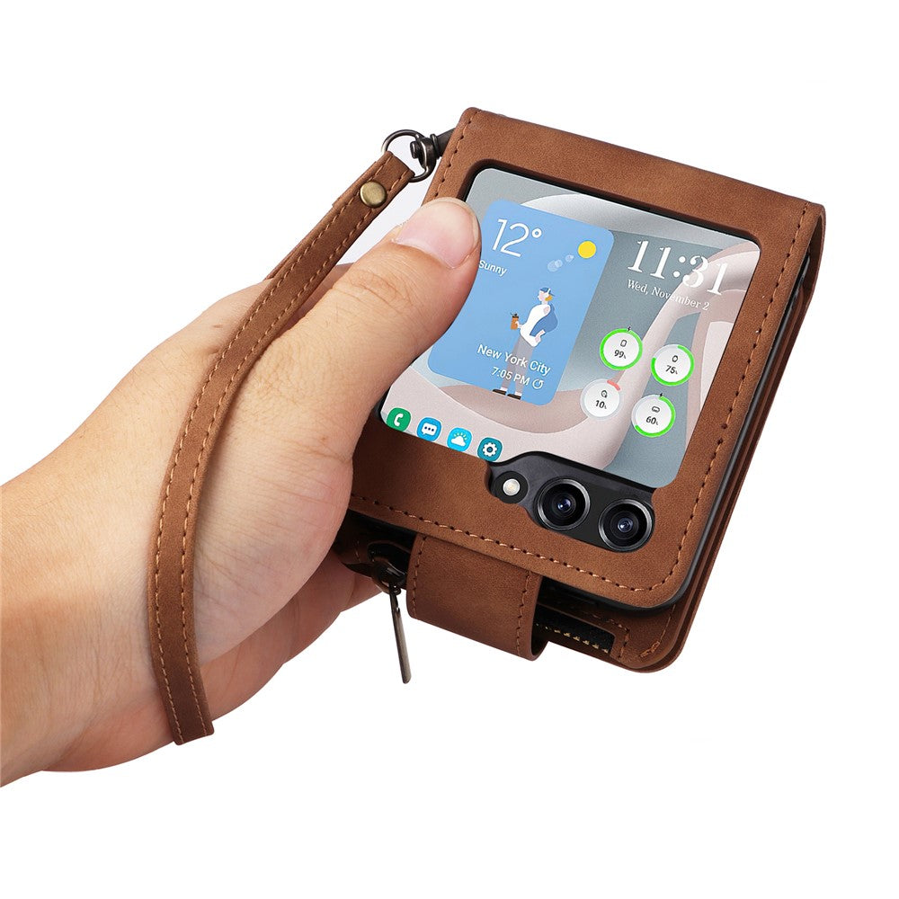 For Samsung Galaxy Z Flip5 5G Case Zipper Multi-Pocket Wallet Leather Phone Cover with Shoulder and Wrist Straps