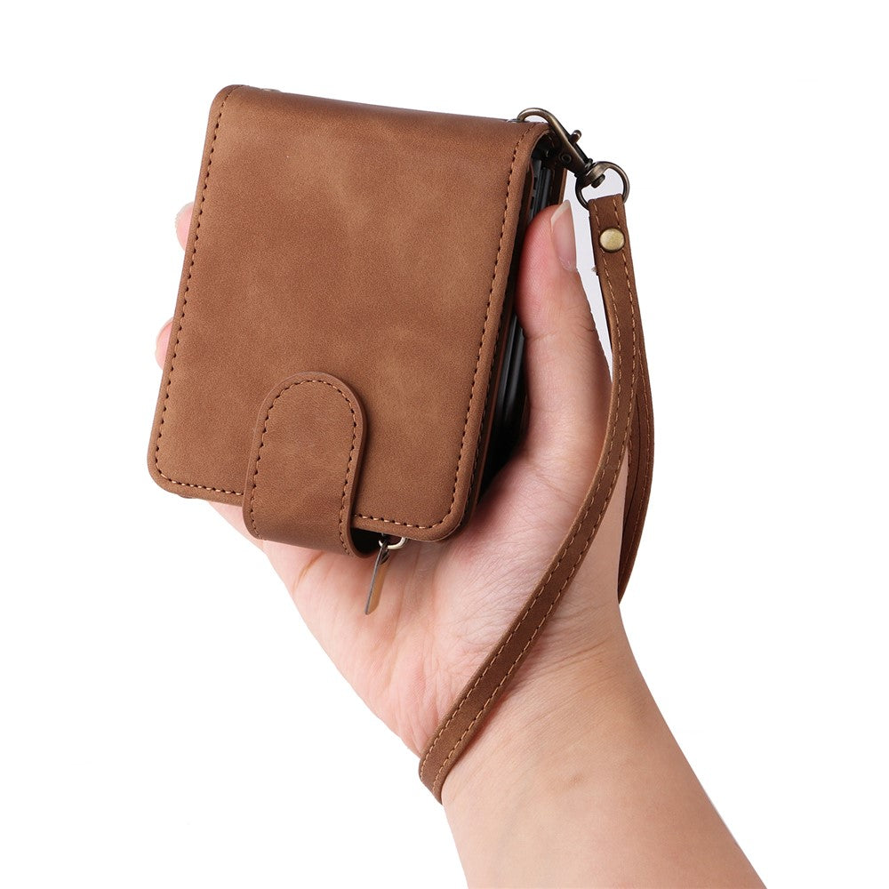 For Samsung Galaxy Z Flip5 5G Case Zipper Multi-Pocket Wallet Leather Phone Cover with Shoulder and Wrist Straps