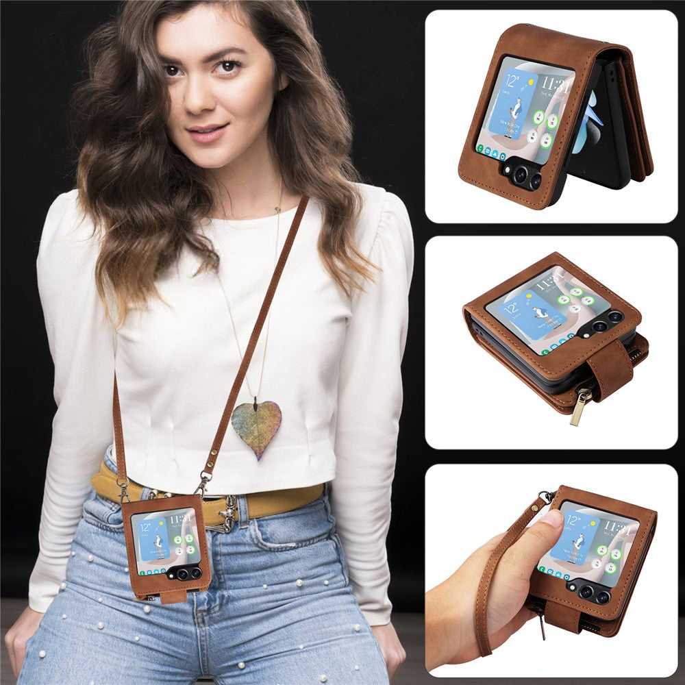 For Samsung Galaxy Z Flip5 5G Case Zipper Multi-Pocket Wallet Leather Phone Cover with Shoulder and Wrist Straps