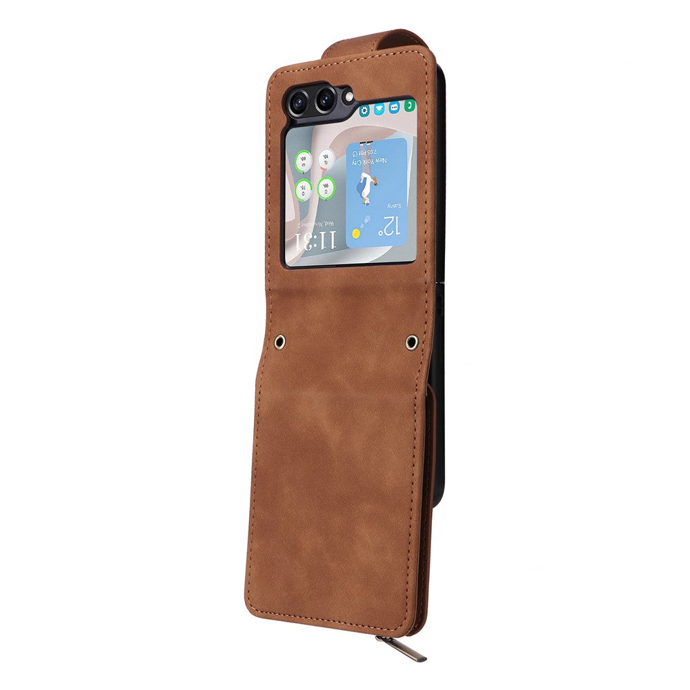 For Samsung Galaxy Z Flip5 5G Case Zipper Multi-Pocket Wallet Leather Phone Cover with Shoulder and Wrist Straps