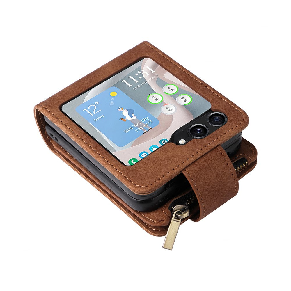 For Samsung Galaxy Z Flip5 5G Case Zipper Multi-Pocket Wallet Leather Phone Cover with Shoulder and Wrist Straps
