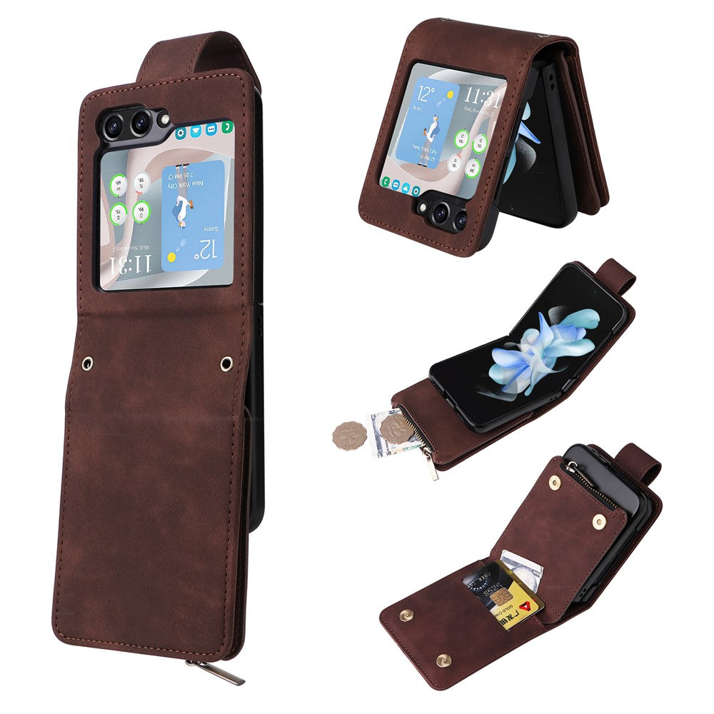 For Samsung Galaxy Z Flip5 5G Case Zipper Multi-Pocket Wallet Leather Phone Cover with Shoulder and Wrist Straps