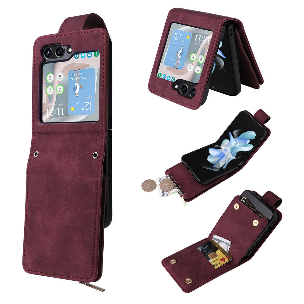 For Samsung Galaxy Z Flip5 5G Case Zipper Multi-Pocket Wallet Leather Phone Cover with Shoulder and Wrist Straps