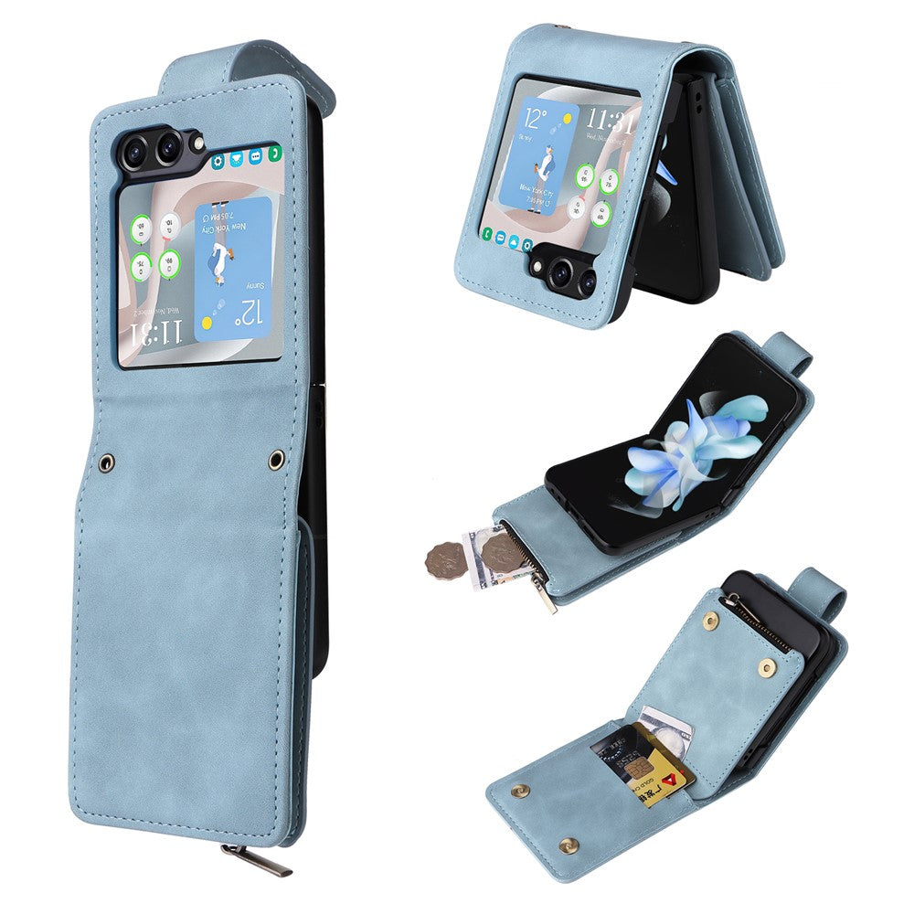 For Samsung Galaxy Z Flip5 5G Case Zipper Multi-Pocket Wallet Leather Phone Cover with Shoulder and Wrist Straps