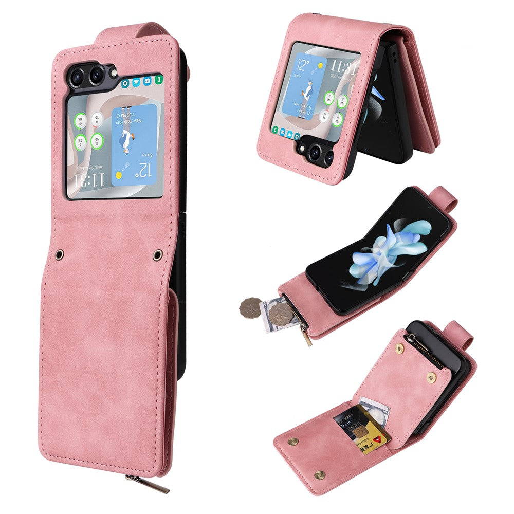 For Samsung Galaxy Z Flip5 5G Case Zipper Multi-Pocket Wallet Leather Phone Cover with Shoulder and Wrist Straps