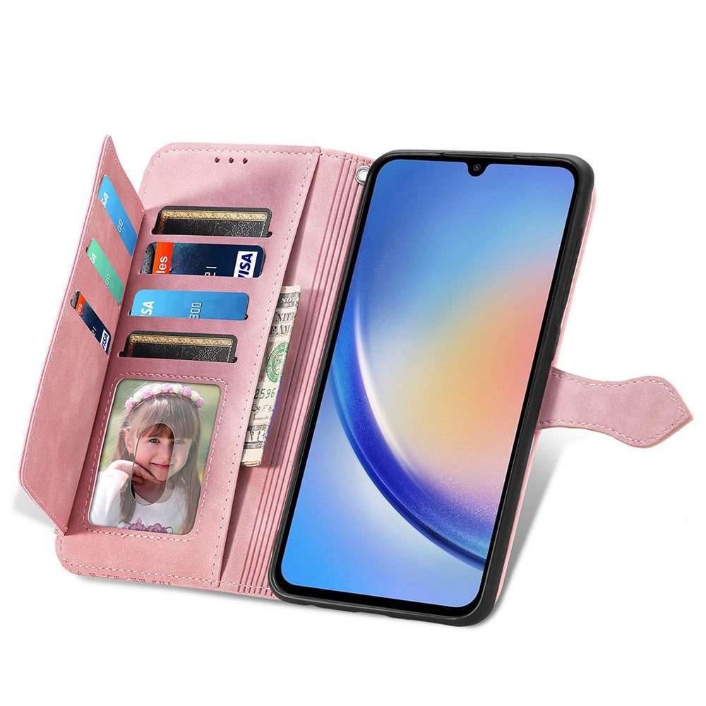 Samsung Galaxy A15 4G / A15 5G Plånboksfodral med dragkedja och rem Blommigt tryck i PU-läder
