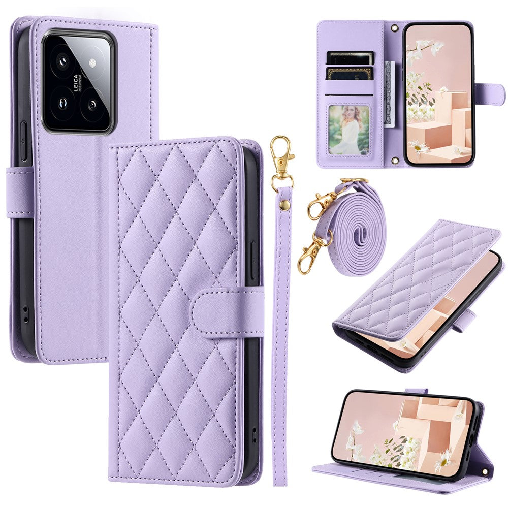 For Xiaomi 14 Case Stand View PU Leather Flip Phone Cover with Strap