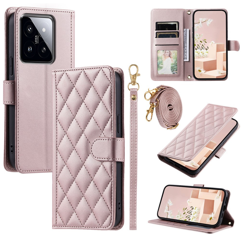For Xiaomi 14 Pro Case Rhombus Grid Stand Phone Cover with Crossbody Lanyard