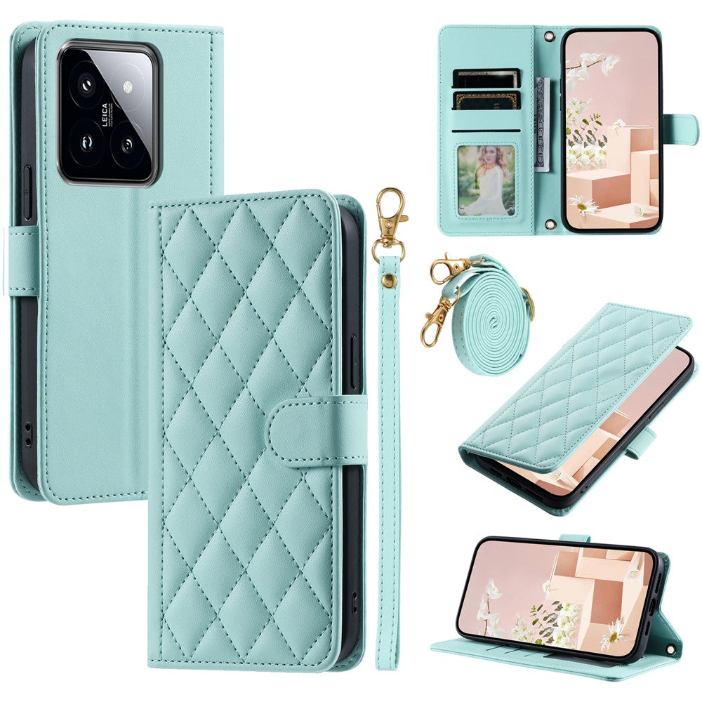 For Xiaomi 14 Pro Case Rhombus Grid Stand Phone Cover with Crossbody Lanyard