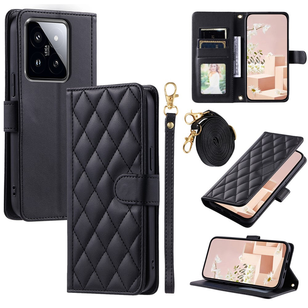 For Xiaomi 14 Pro Case Rhombus Grid Stand Phone Cover with Crossbody Lanyard