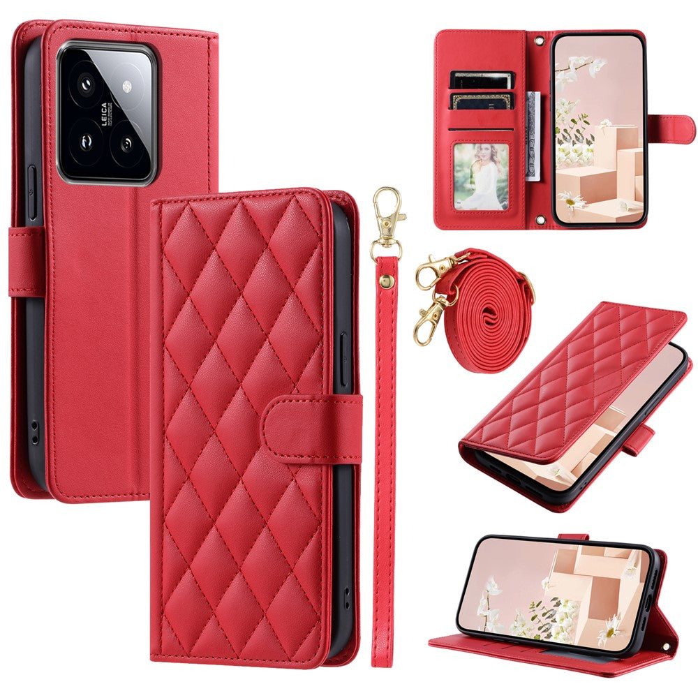For Xiaomi 14 Pro Case Rhombus Grid Stand Phone Cover with Crossbody Lanyard