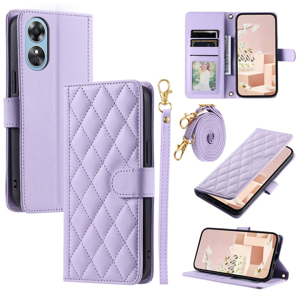 For Oppo A38 4G / A18 4G Case with Crossbody Strap Rhombus Pattern Stand PU Leather Phone Cover