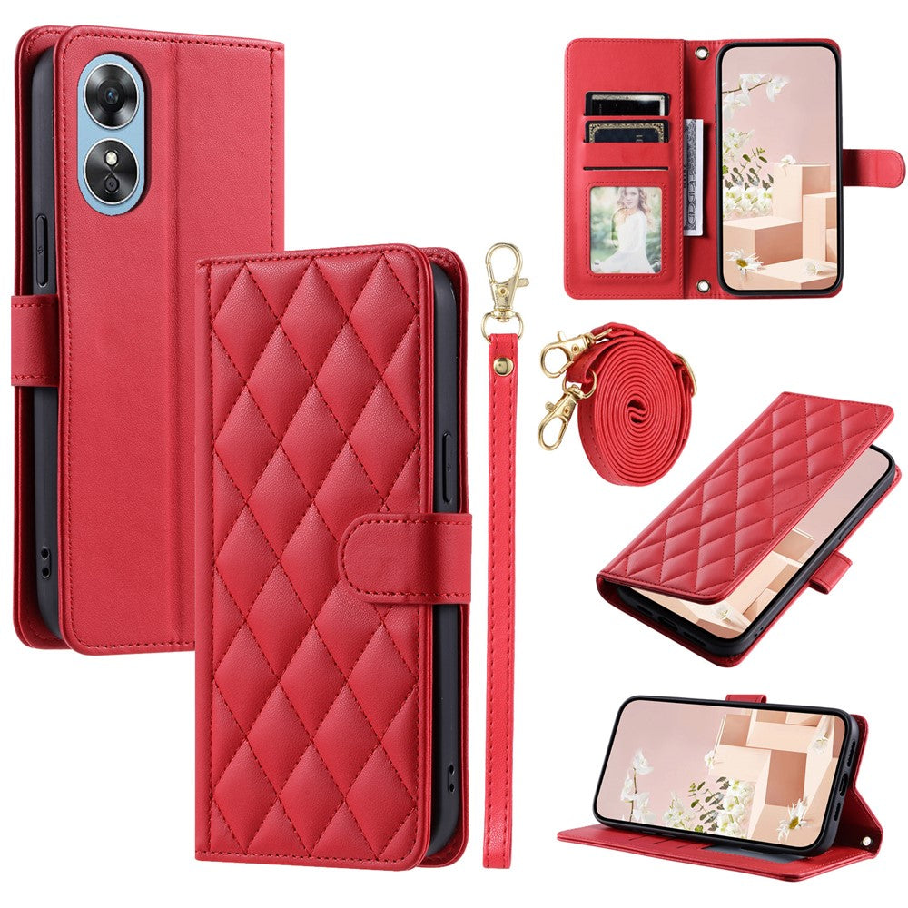 For Oppo A38 4G / A18 4G Case with Crossbody Strap Rhombus Pattern Stand PU Leather Phone Cover