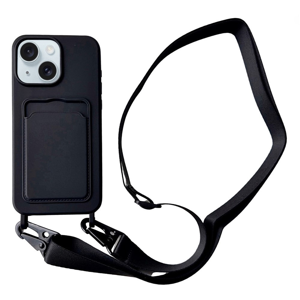 For iPhone 15  Liquid Silicone Case Card Slot Phone Cover with Adjustable Neck Cord