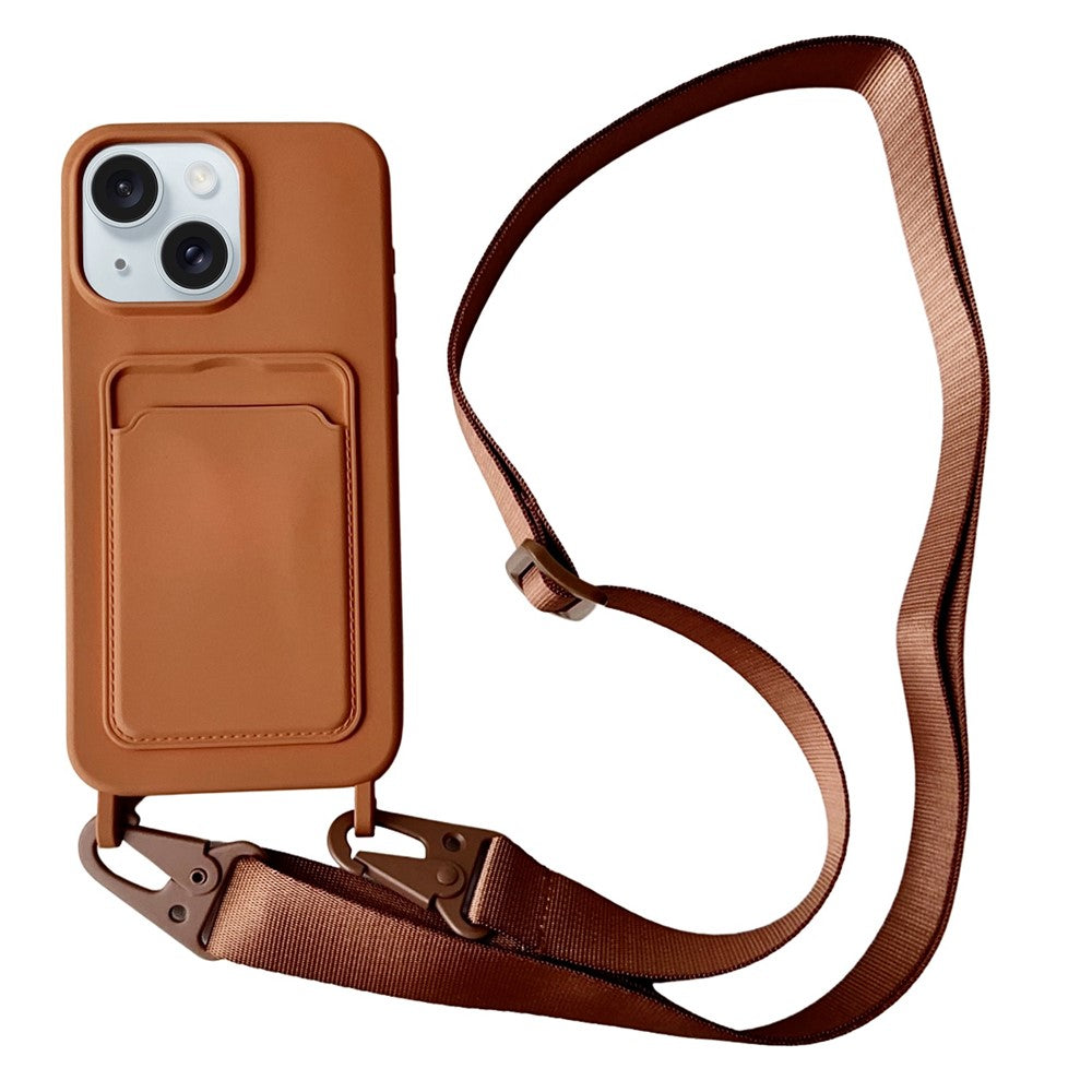 For iPhone 15  Liquid Silicone Case Card Slot Phone Cover with Adjustable Neck Cord