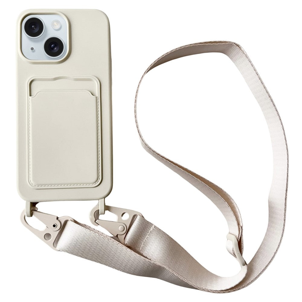 For iPhone 15  Liquid Silicone Case Card Slot Phone Cover with Adjustable Neck Cord