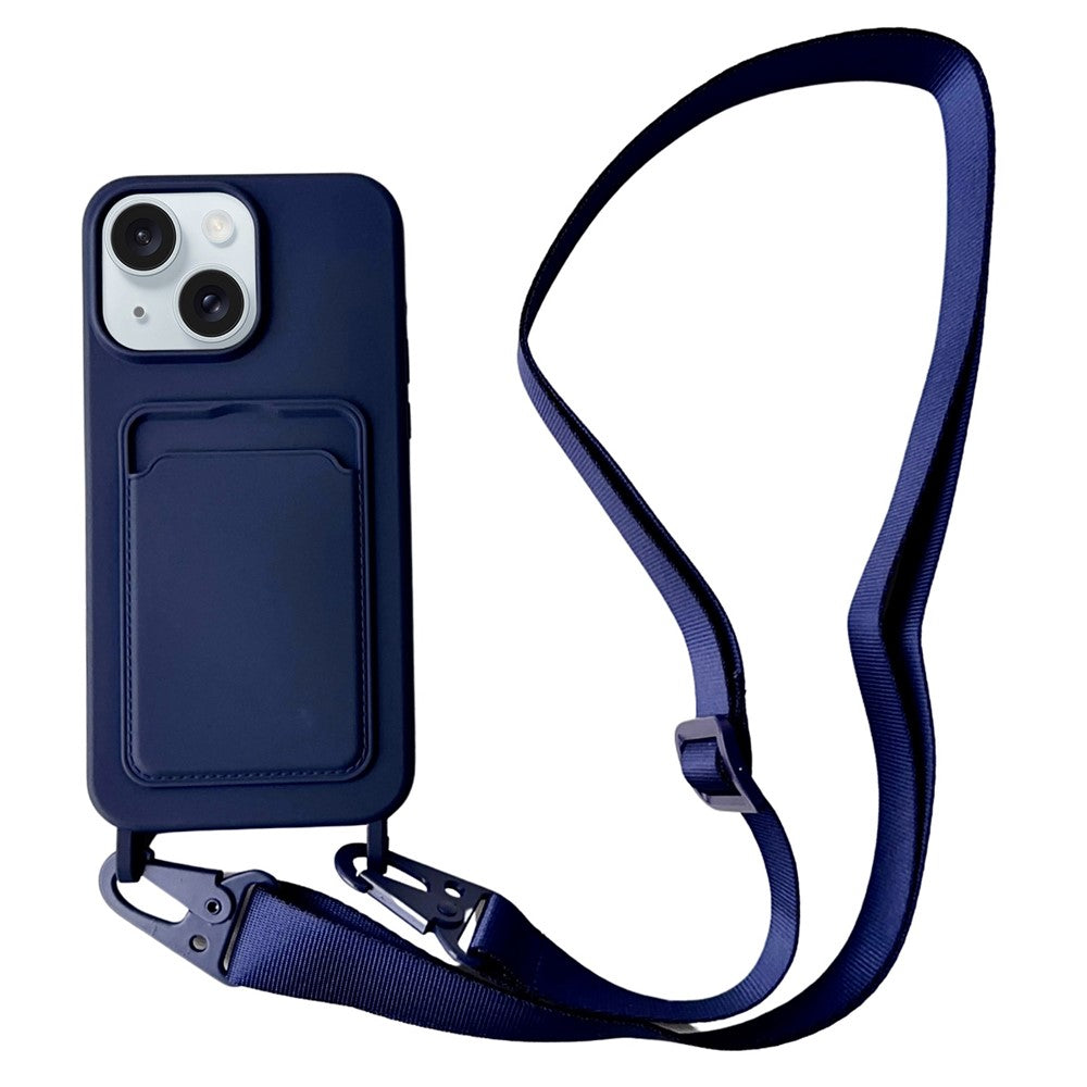 For iPhone 15  Liquid Silicone Case Card Slot Phone Cover with Adjustable Neck Cord