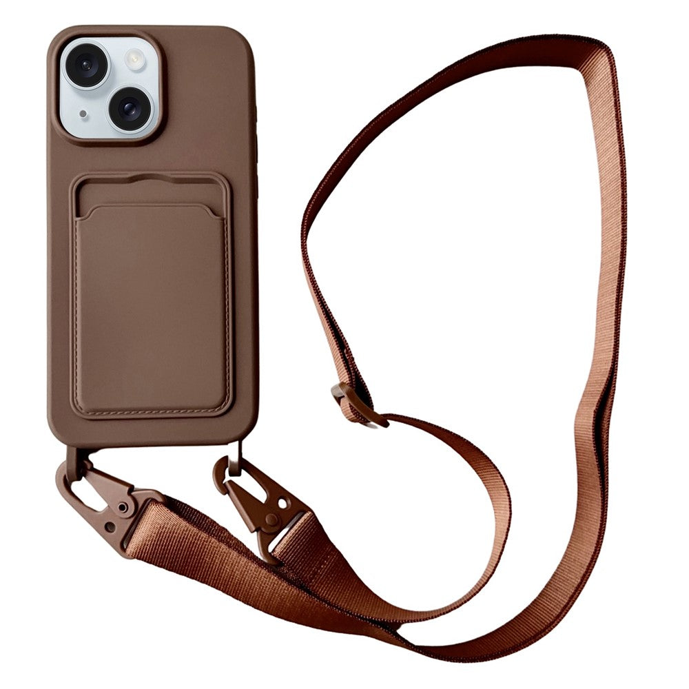 For iPhone 15  Liquid Silicone Case Card Slot Phone Cover with Adjustable Neck Cord