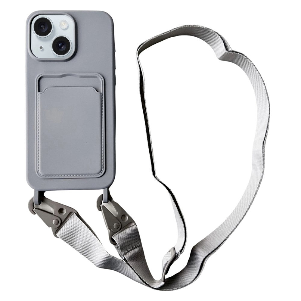 For iPhone 15  Liquid Silicone Case Card Slot Phone Cover with Adjustable Neck Cord