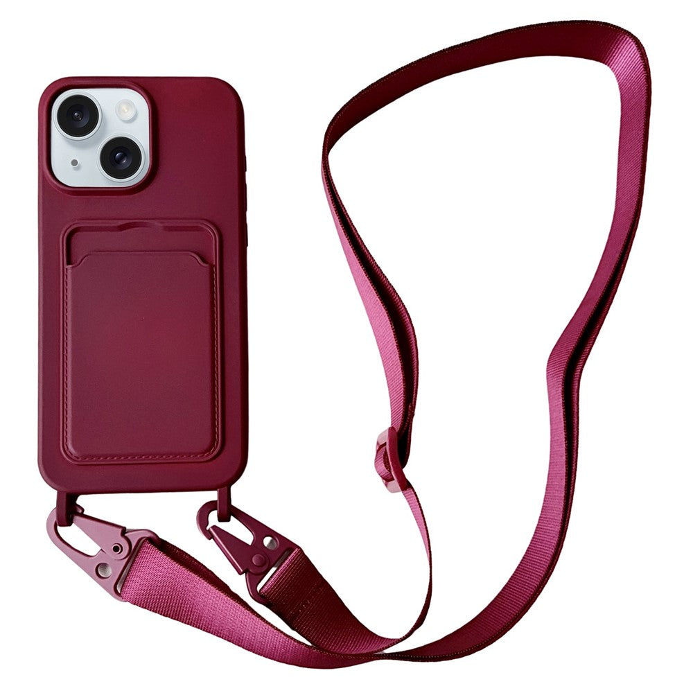 For iPhone 15  Liquid Silicone Case Card Slot Phone Cover with Adjustable Neck Cord