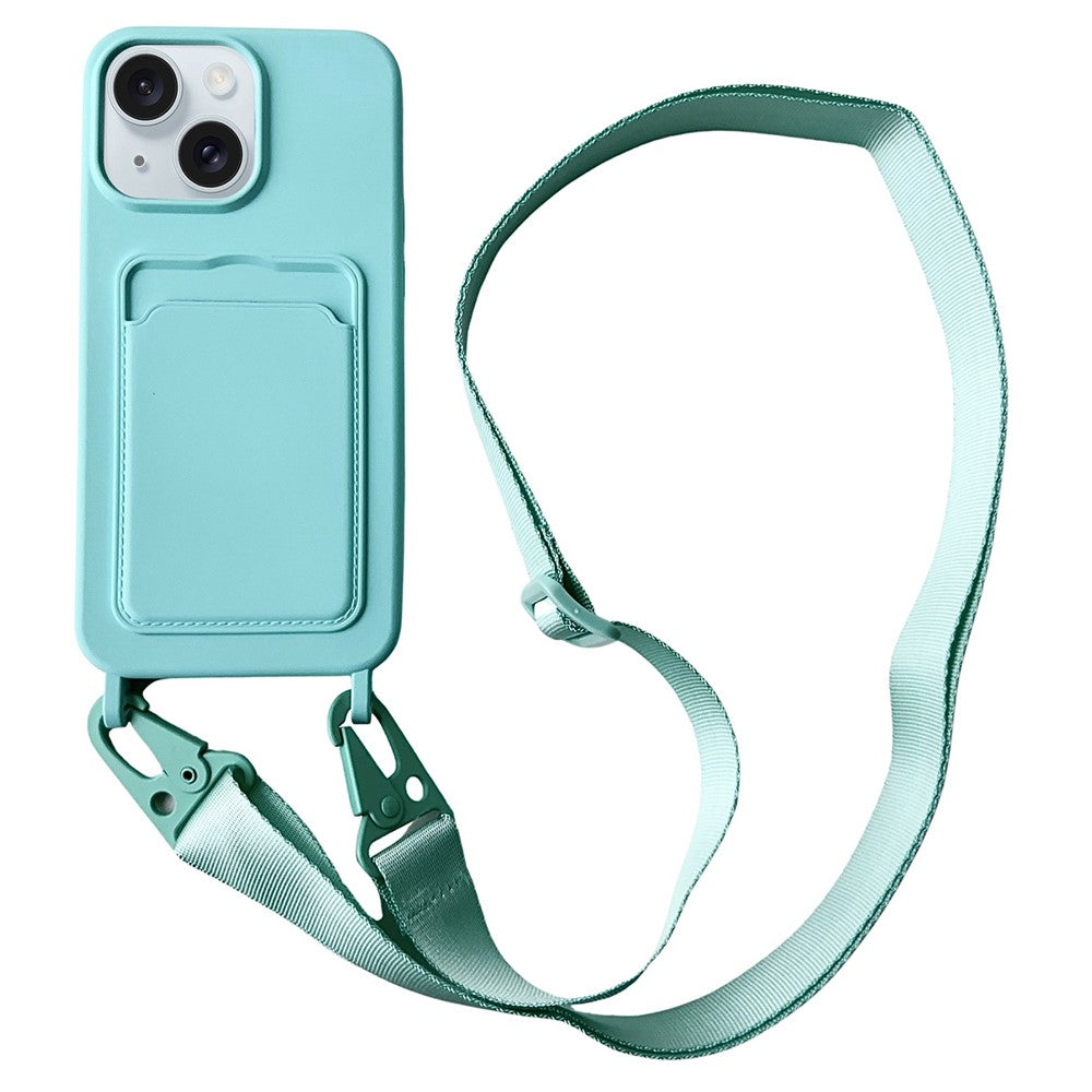 For iPhone 15  Liquid Silicone Case Card Slot Phone Cover with Adjustable Neck Cord