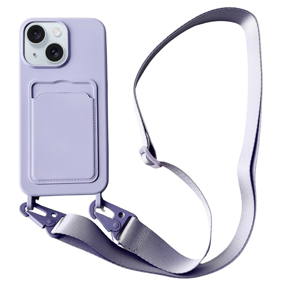For iPhone 15  Liquid Silicone Case Card Slot Phone Cover with Adjustable Neck Cord