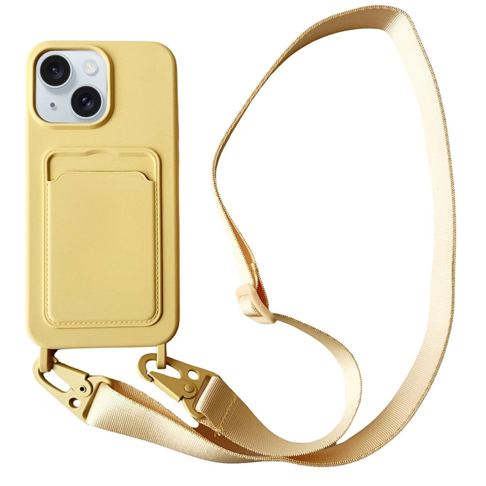 For iPhone 15  Liquid Silicone Case Card Slot Phone Cover with Adjustable Neck Cord
