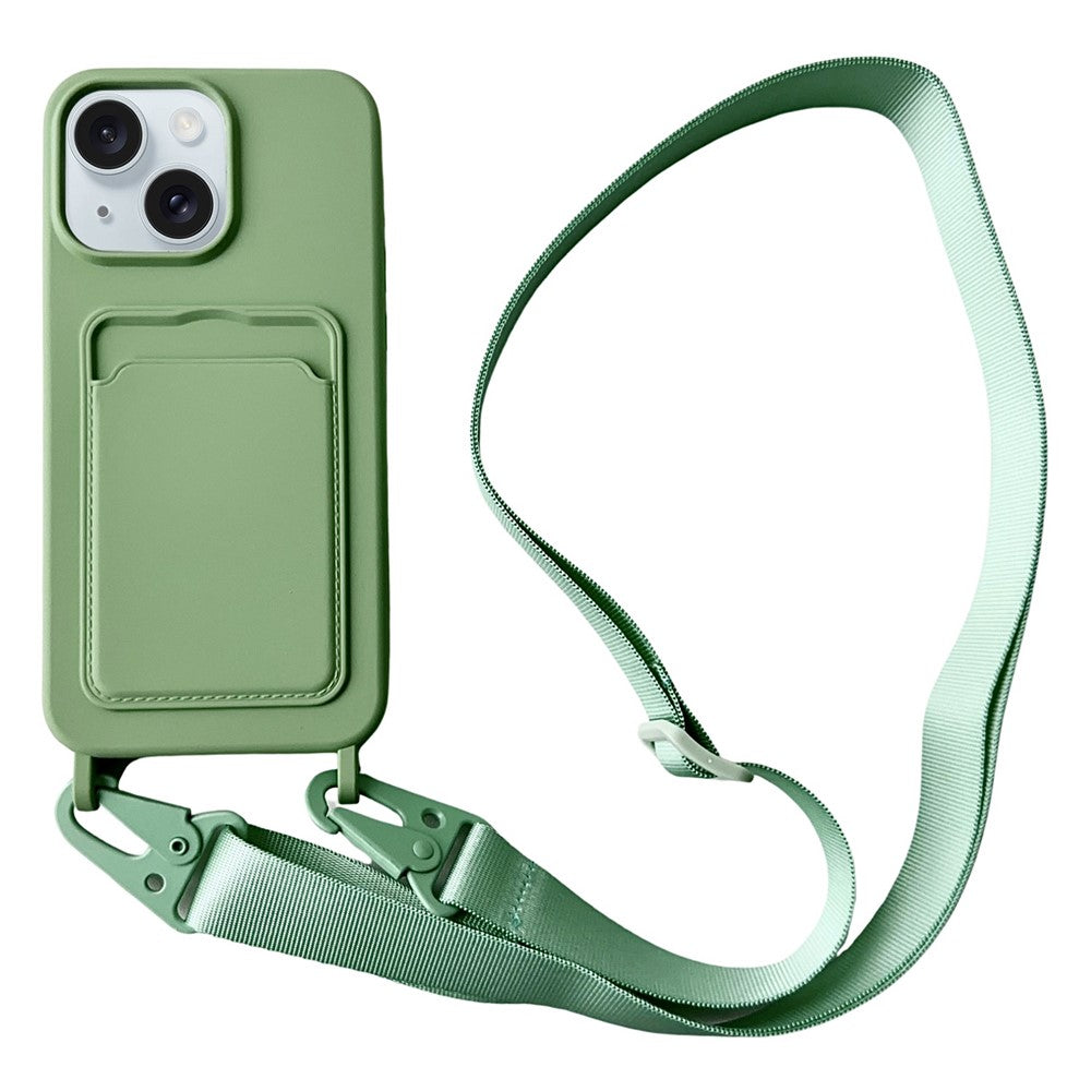 For iPhone 15  Liquid Silicone Case Card Slot Phone Cover with Adjustable Neck Cord