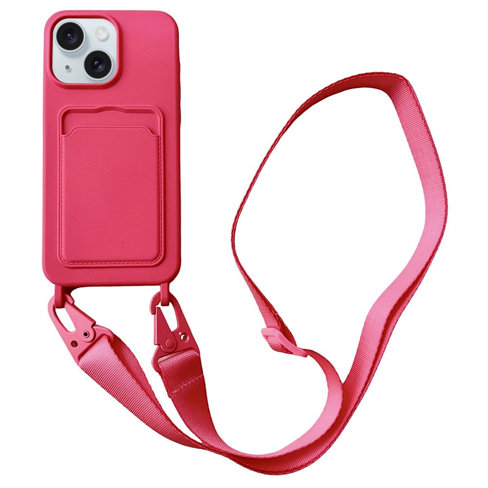For iPhone 15  Liquid Silicone Case Card Slot Phone Cover with Adjustable Neck Cord