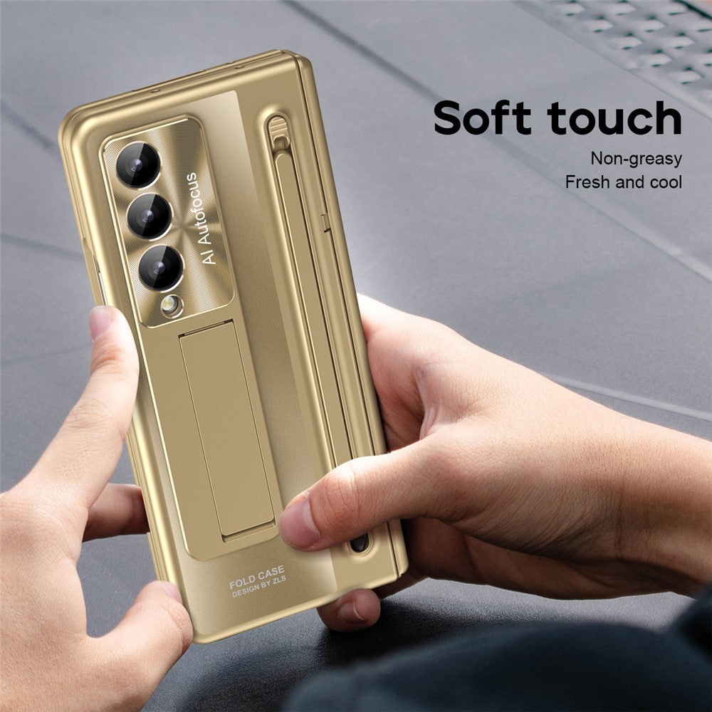 For Samsung Galaxy Z Fold4 5G Kickstand Case Hinge PC Phone Cover with Tempered Glass Film, Stylus