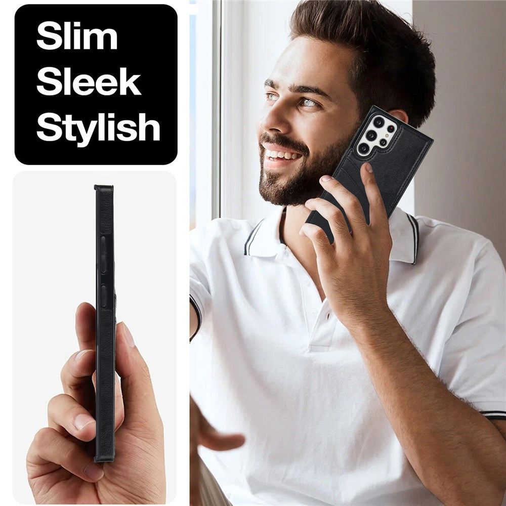 For Samsung Galaxy S22 Ultra 5G Card Case Phone Back Cover Shockproof PU+TPU Phone Shell