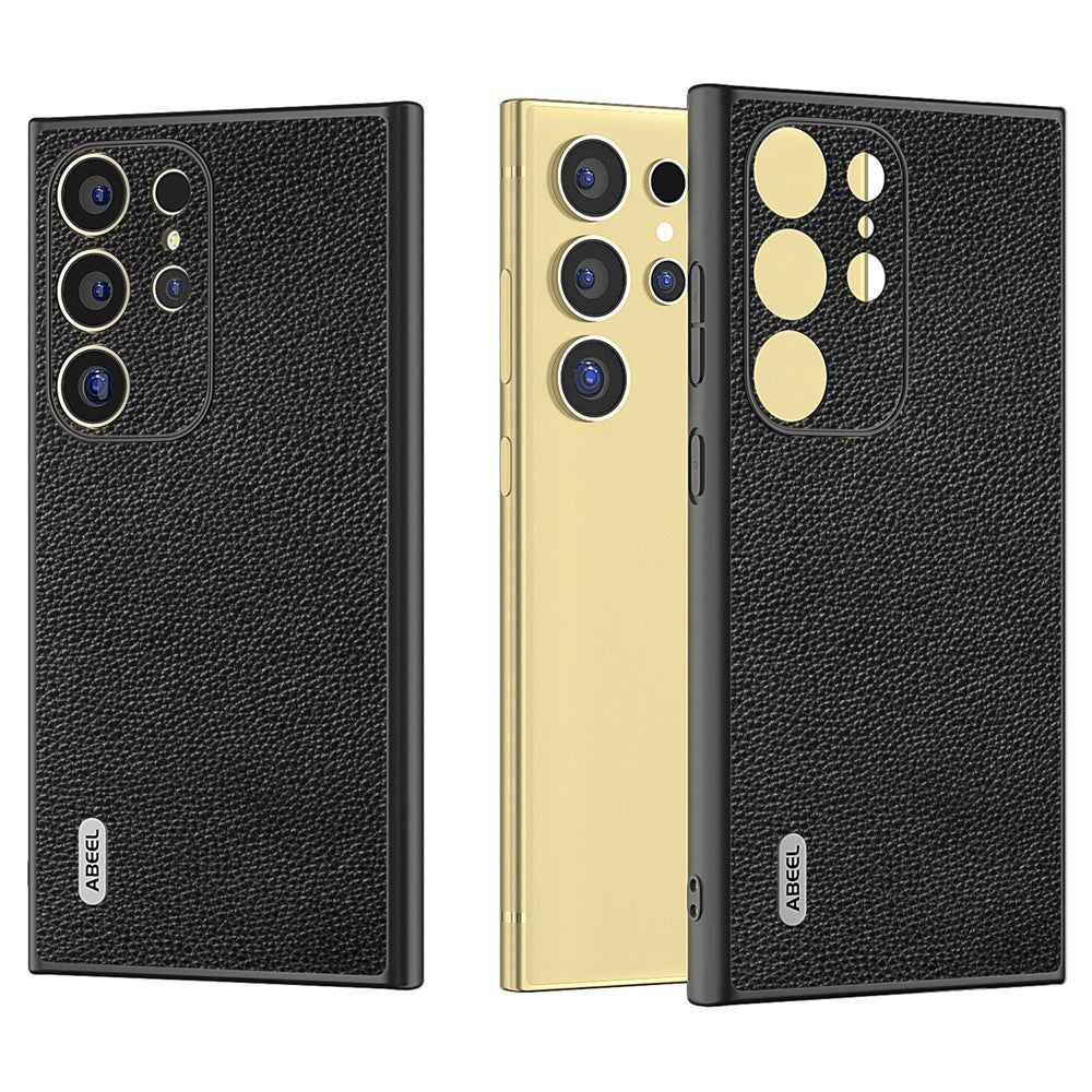 ABEEL Til Samsung Galaxy S24 Ultra Cover Litchi Tekstur Ægte Koskind+PC+TPU Cover