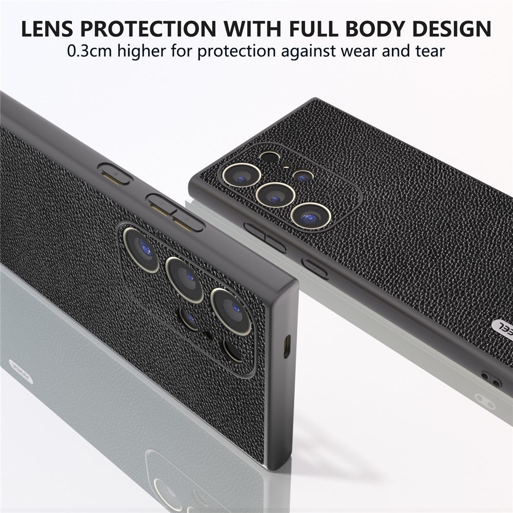 ABEEL Til Samsung Galaxy S24 Ultra Cover Litchi Tekstur Ægte Koskind+PC+TPU Cover