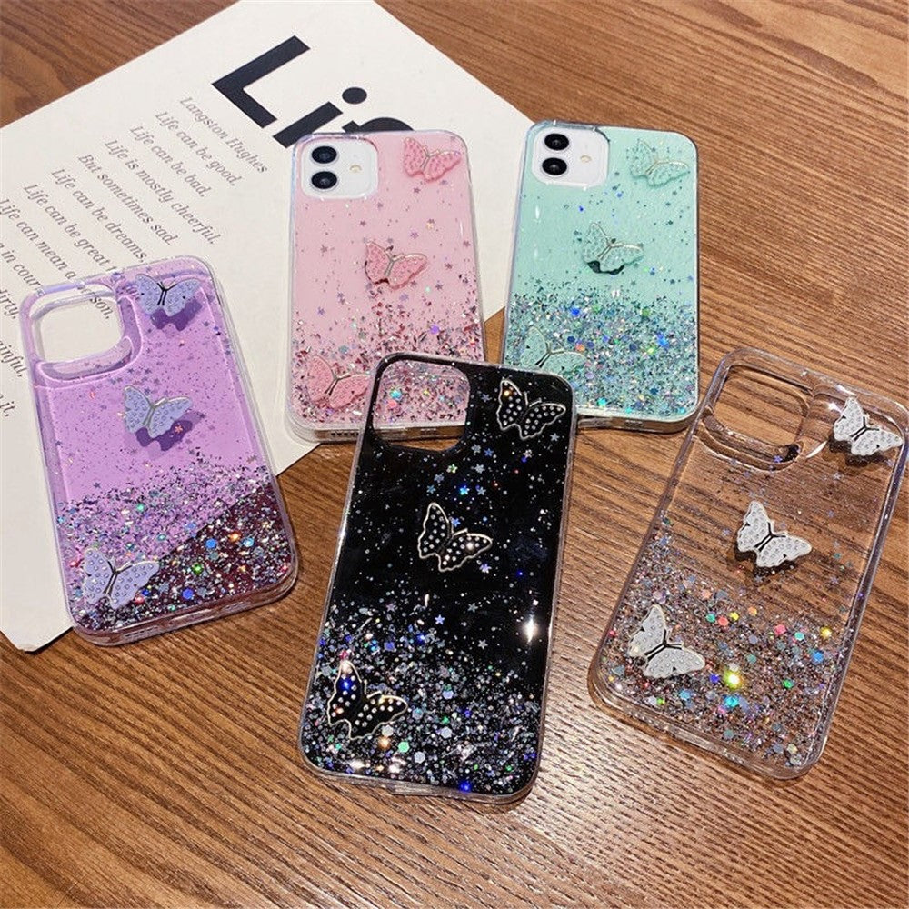 iPhone 11-skal med TPU-skydd, paljetter och epoxi med fjärilsdesign