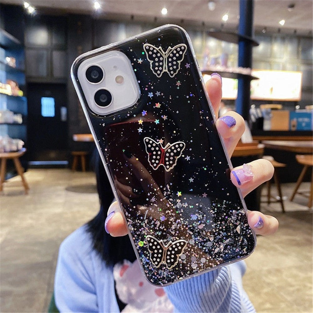 iPhone 11-skal med TPU-skydd, paljetter och epoxi med fjärilsdesign