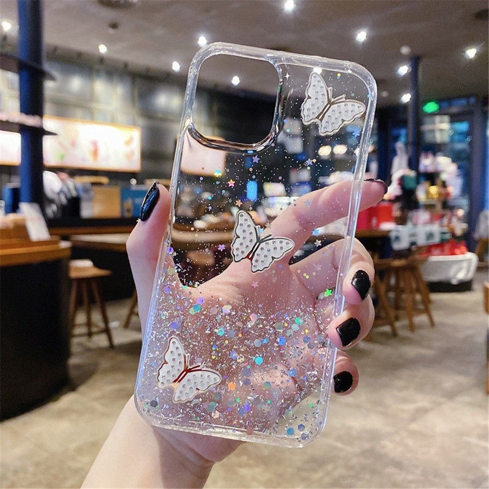 For iPhone 12 Cover Sequins Decor Epoxy Butterfly TPU Phone Case
