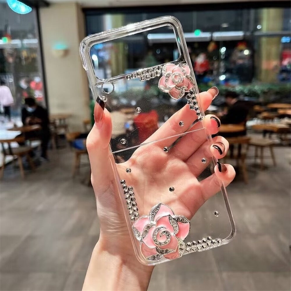 Til Samsung Galaxy Z Flip4 5G cover med Camellia Rhinestone-indlæg hårdt PC-telefoncover