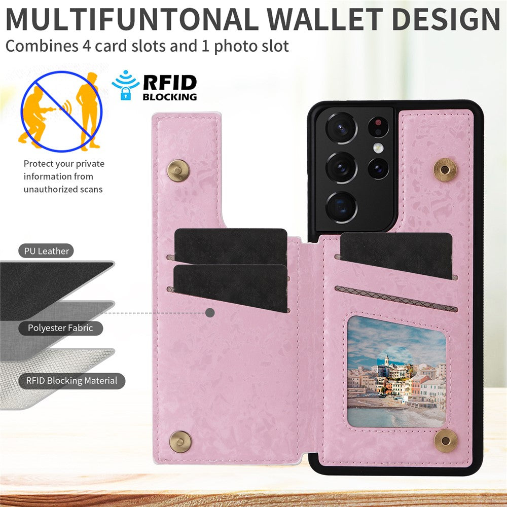 Samsung Galaxy S21 Ultra 5G-mobilcover med kortpladser, stativ og RFID-blokering, PU-læder+TPU-beskyttelse